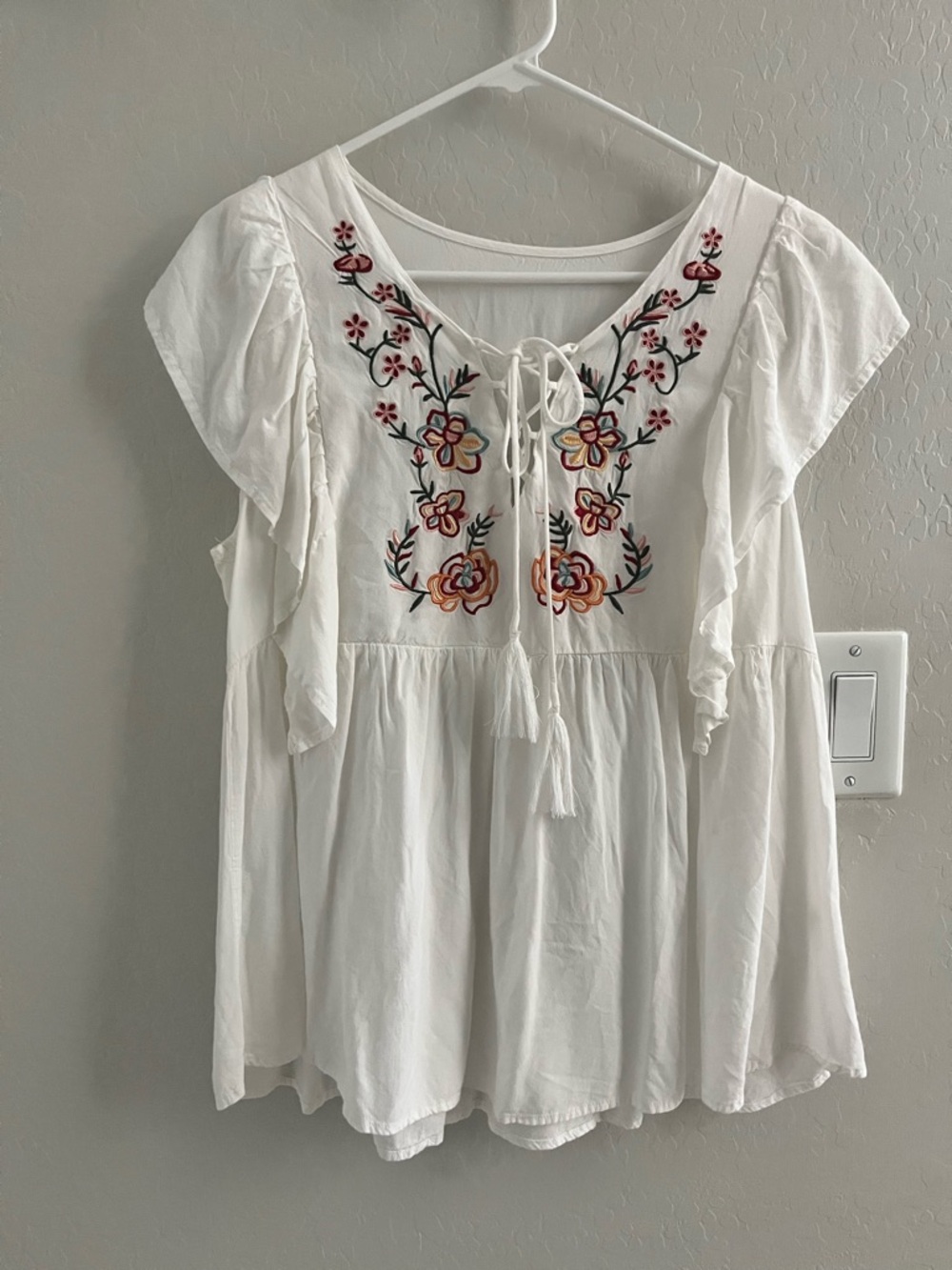 Embroidered White Boho Tie-Front Women's Top